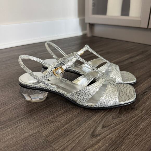 Marc Jacobs The Gem Silver Metallic Snake Embossed Heeled Sandals 37 NEW Shoes - Picture 1 of 9